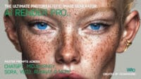Close-up portrait of a woman with freckles and an earring promoting AI Render Pro 2.0; includes text about ChatGPT, Midjourney, Sora and VEO 3 and promotes the best AI prompt generator for filmmakers.