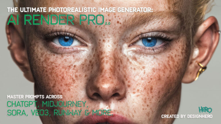 Close-up portrait of a woman with freckles and an earring promoting AI Render Pro 2.0; includes text about ChatGPT, Midjourney, Sora and VEO 3 and promotes the best AI prompt generator for filmmakers.