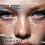 Close-up promotional banner for AI Render Pro 2.0 showing a woman's freckled face with text about ChatGPT, Midjourney, Sora, VEO 3, Runway, and more, promoting the best AI prompt generator for filmmakers.