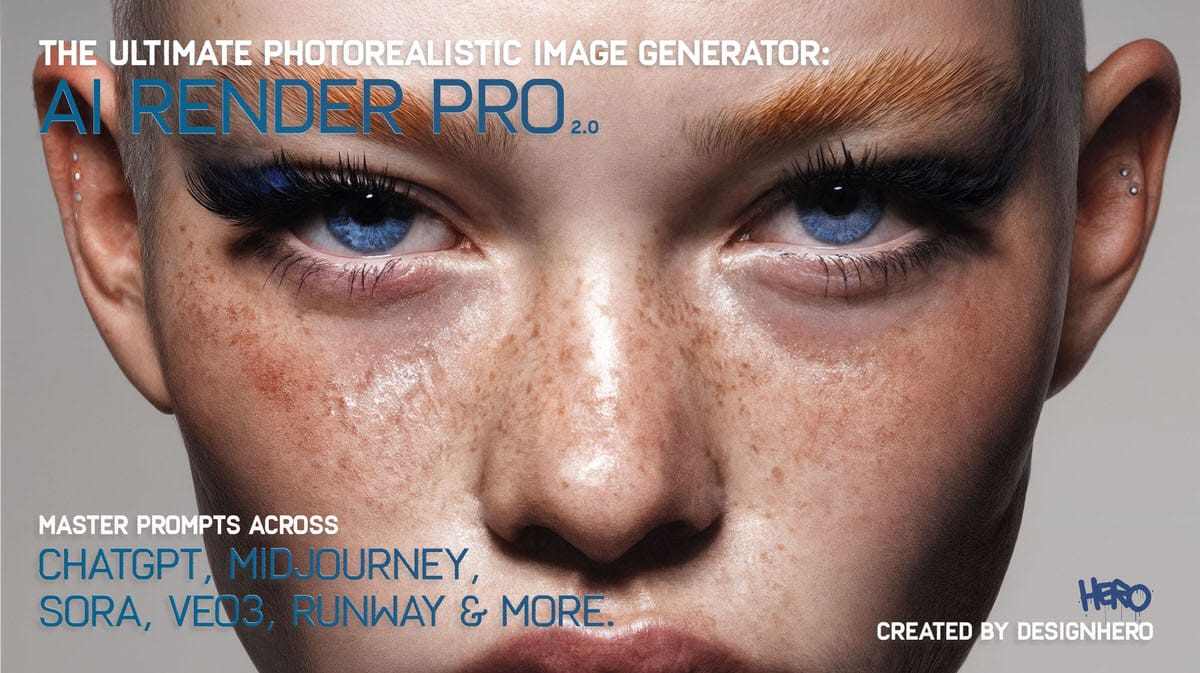 Close-up promotional banner for AI Render Pro 2.0 showing a woman's freckled face with text about ChatGPT, Midjourney, Sora, VEO 3, Runway, and more, promoting the best AI prompt generator for filmmakers.