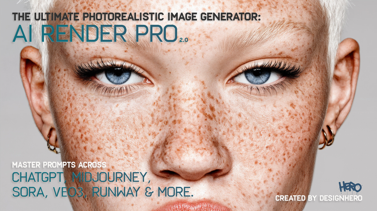 Freckled woman promotional banner for AI Render Pro 2.0 with text listing ChatGPT, Midjourney, Sora, VEO 3, Runway, and more, highlighting the best AI prompt generator for filmmakers.