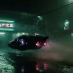 Midjourney — herodirector Movie still of the Batmobile hovering above the road mastering midjourney
