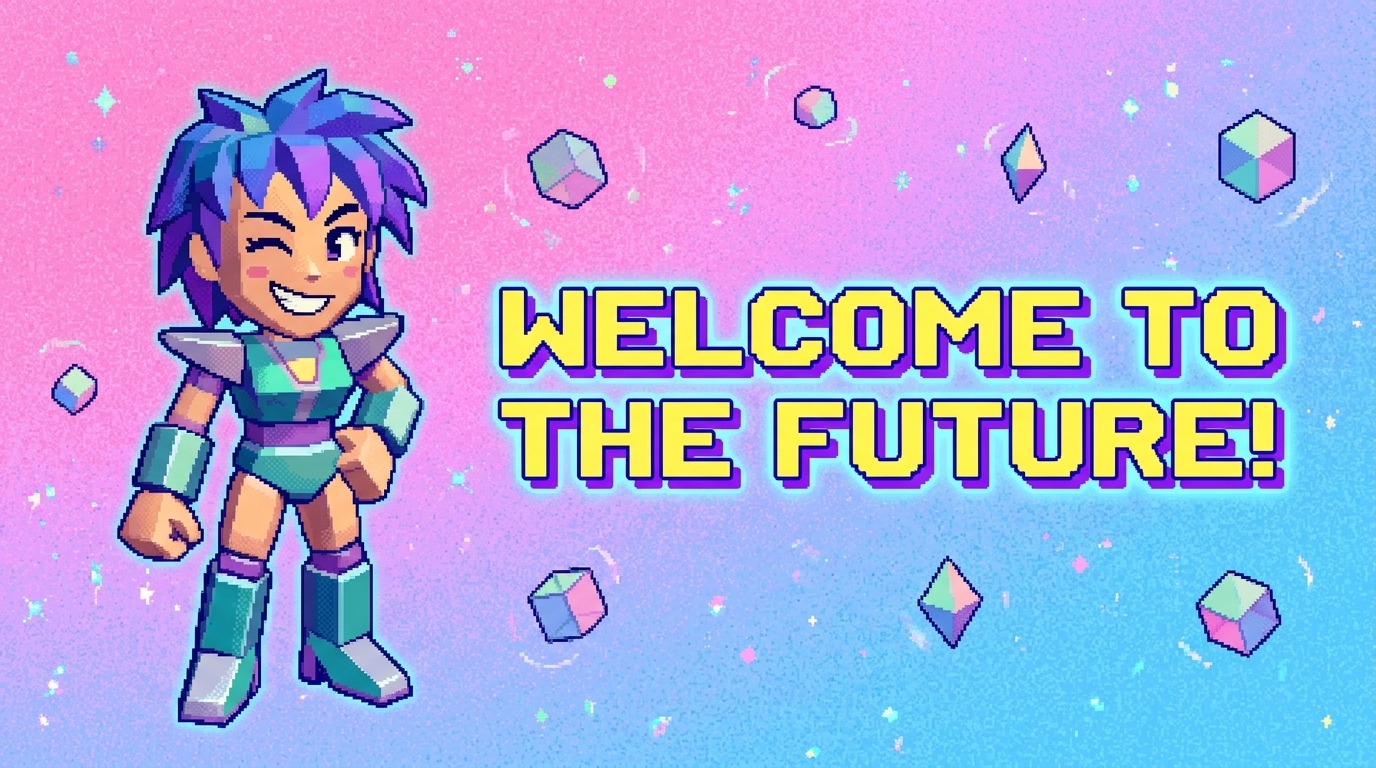 AI Render Pro: A vibrant, animated Y2K-era website banner (800x200px) featuring a low-poly 3D c