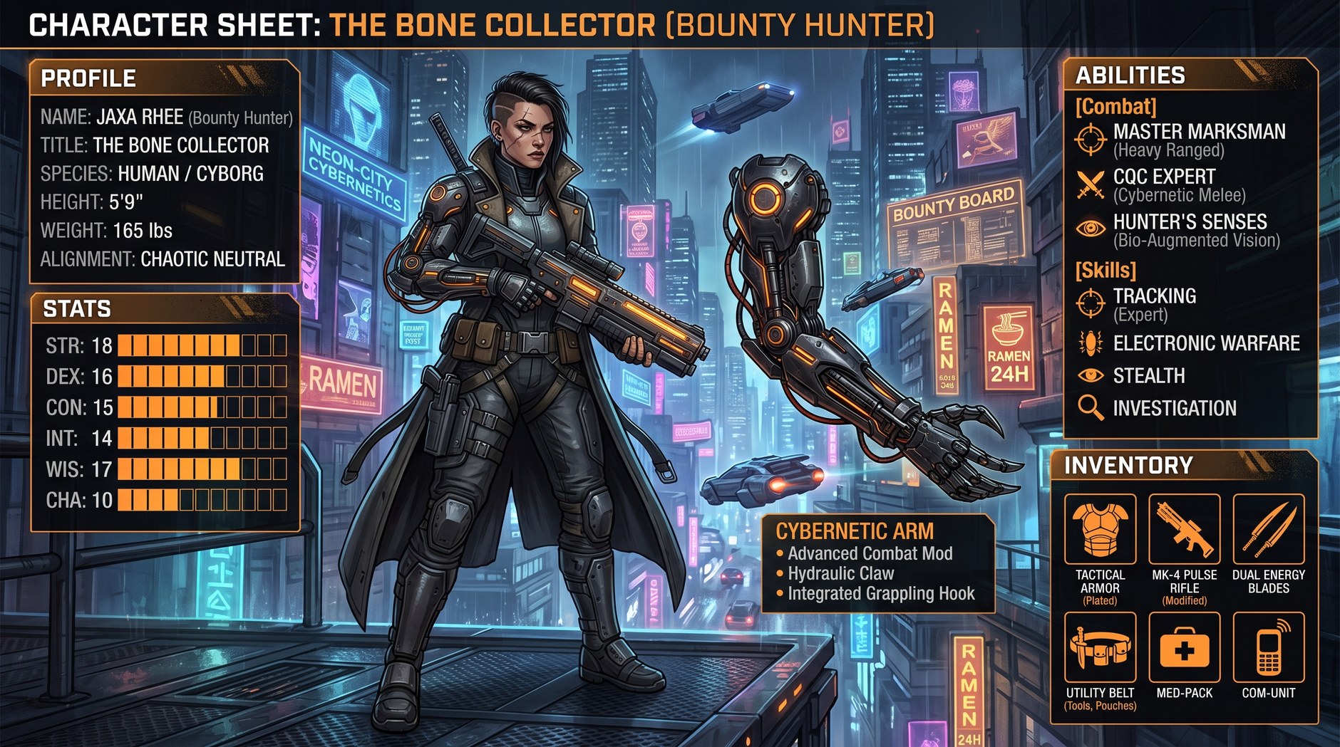 8 Ultimate Character Sheet Prompts for Nano Banana 20 A character sheet generated from a one-line basic prompt — a bounty hunter with cybernetic arm. Result is acceptable but generic.