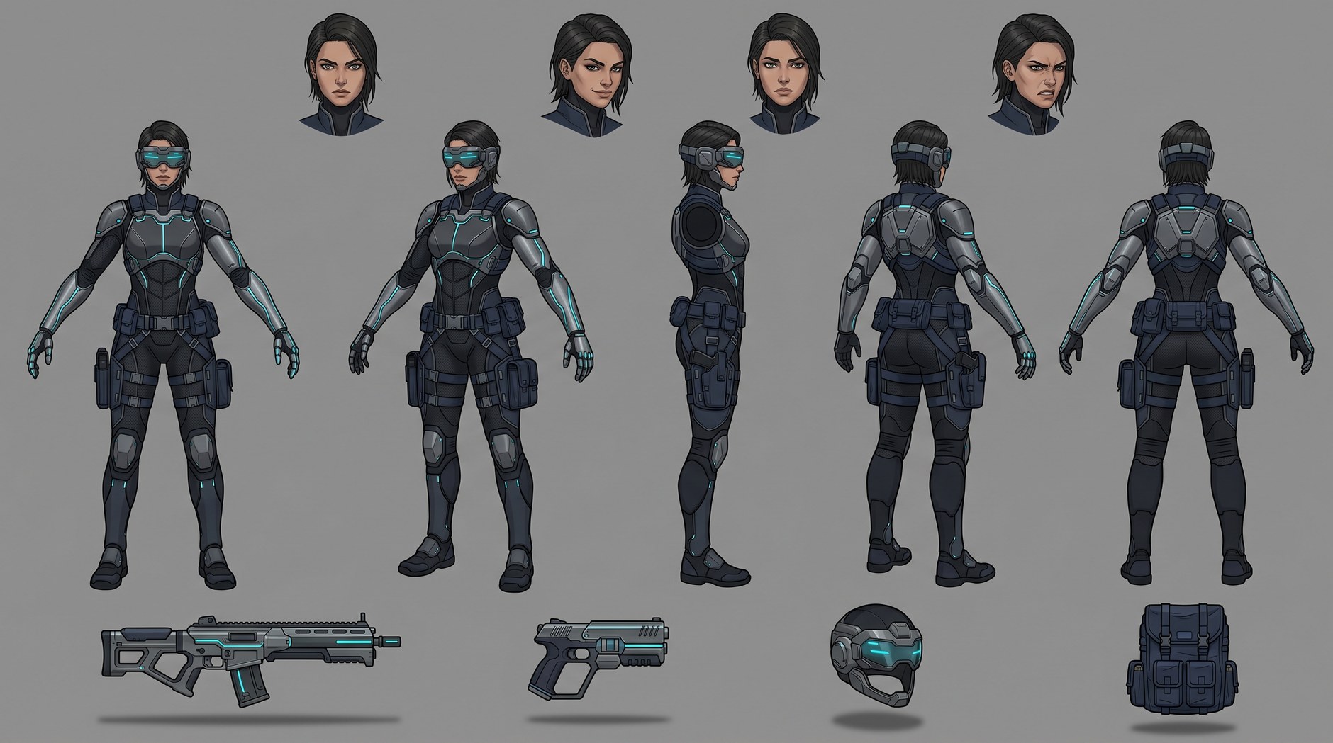 8 Ultimate Character Sheet Prompts for Nano Banana 21 A clean production-ready character reference sheet showing front, three-quarter, side, three-quarter back, and back turnarounds, an expression study row, and prop callouts (rifle, pistol, helmet, utility pack) on a neutral grey background. Suitable for AI film pipelines, game pre-vis, and 3D modelling handoff.