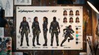 A full character design sheet titled VEX showing front, three-quarter, side, back, and action-pose turnarounds with expression studies and color callouts, pinned to a concept-artist studio wall.