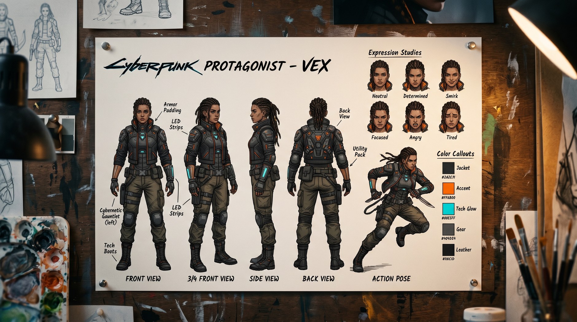 8 Ultimate Character Sheet Prompts for Nano Banana 11 A full character design sheet titled VEX showing front, three-quarter, side, back, and action-pose turnarounds with expression studies and color callouts, pinned to a concept-artist studio wall.