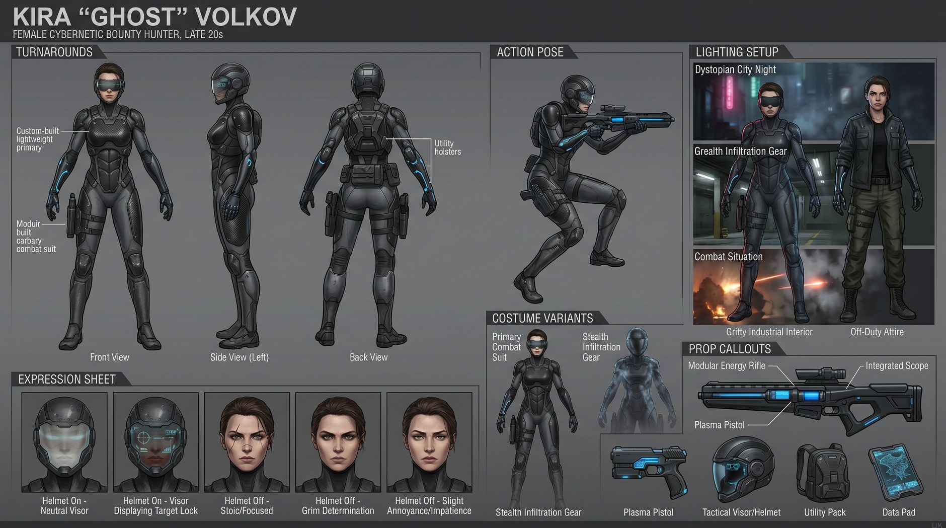 8 Ultimate Character Sheet Prompts for Nano Banana 16 A character sheet for Kira Ghost Volkov, a cybernetic bounty hunter, showing front/side/back turnarounds, an action pose, costume variants, an expression sheet, a lighting setup callout, and prop callouts including a modular energy rifle, plasma pistol, tactical visor, and utility pack.