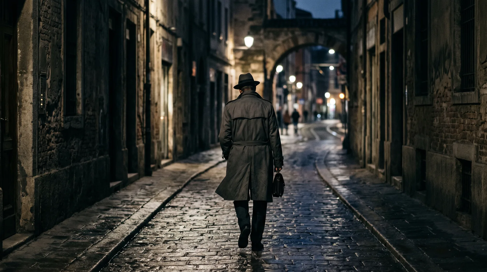 A film noir shot of a lone figure in a trench coat walking down a European cobblestone alley at night, generated from a basic one-line prompt — no cyberpunk aesthetic.