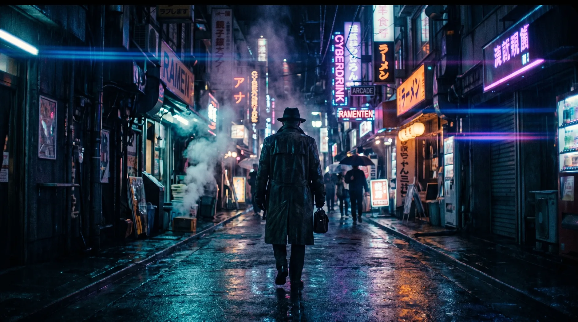 A photoreal cyberpunk cinematic still of a figure in trench coat walking down a wet neon-lit Neo-Tokyo alley, anamorphic lens flares and steam — the same idea rendered from a full AI Render Pro prompt.