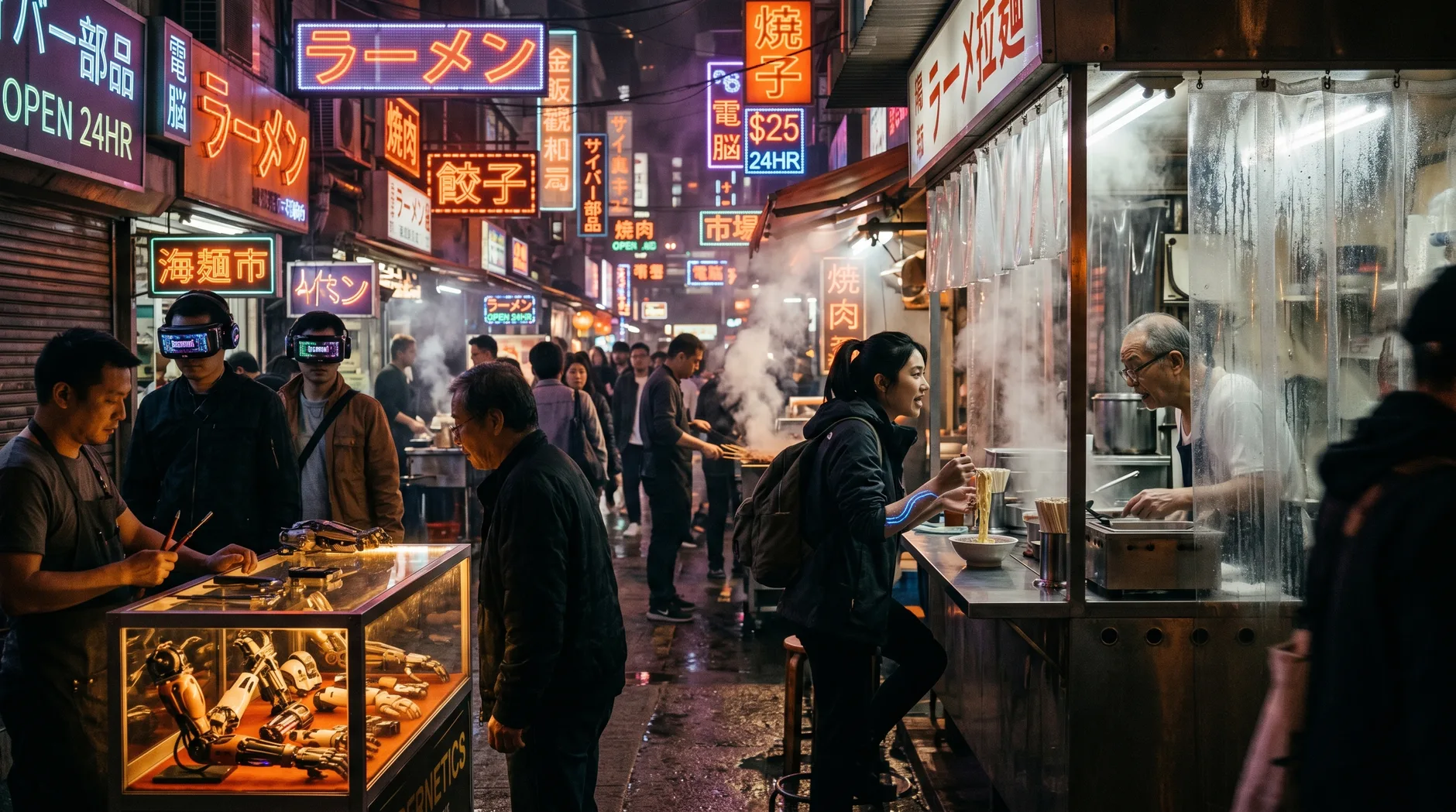 A densely packed neon-lit cyberpunk street market at dusk, with augmented humans browsing food stalls and black-market cybernetics under floating holographic signage.