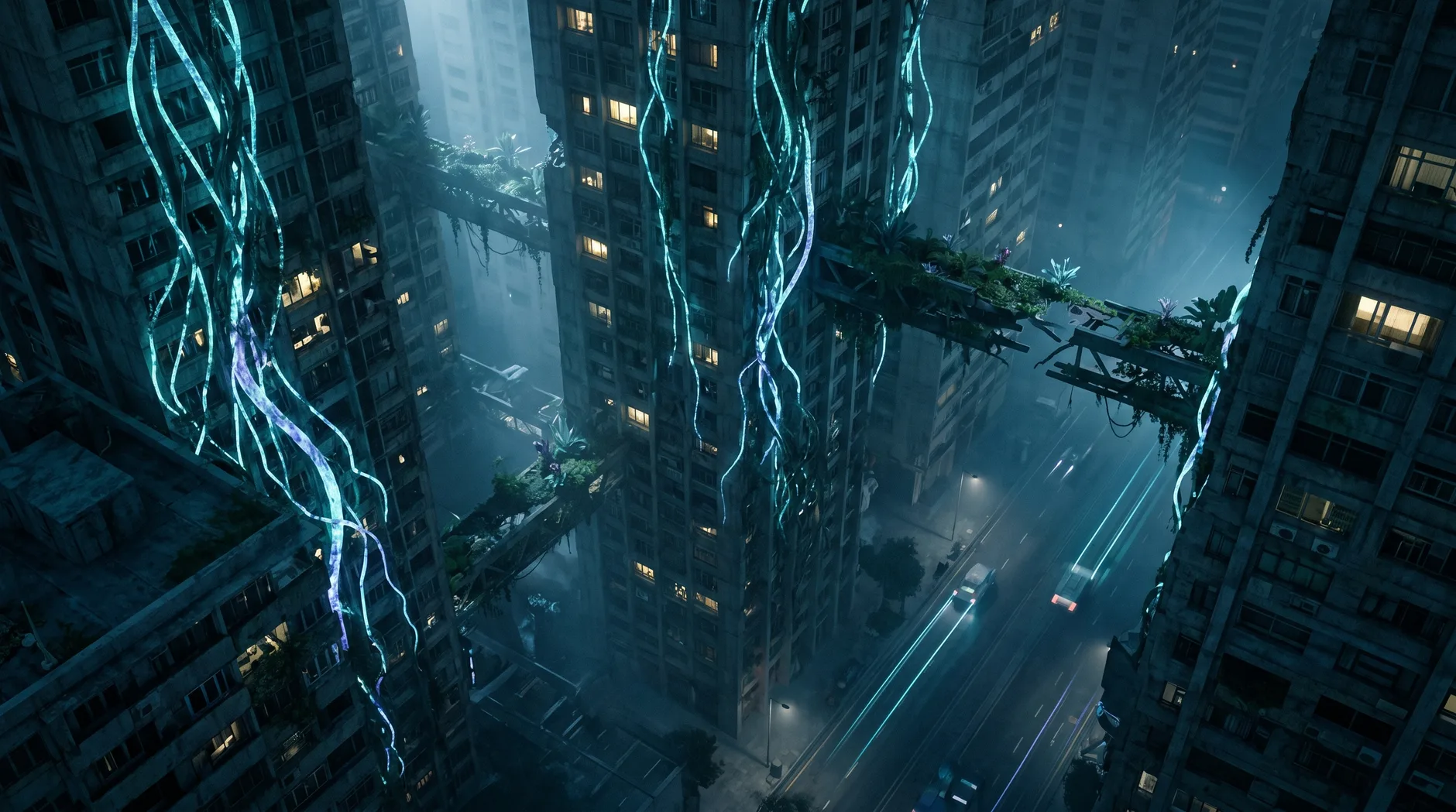 Aerial drone view at blue hour of a mega-city block overgrown with bioluminescent cyan and violet vines wrapping decaying skyscrapers.
