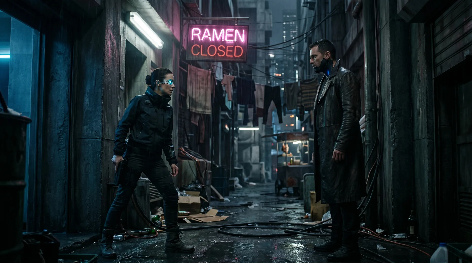 Two augmented cyberpunk figures face each other in a narrow rain-soaked back alley between brutalist concrete buildings, lit by a single pink neon sign and flickering fluorescent above.
