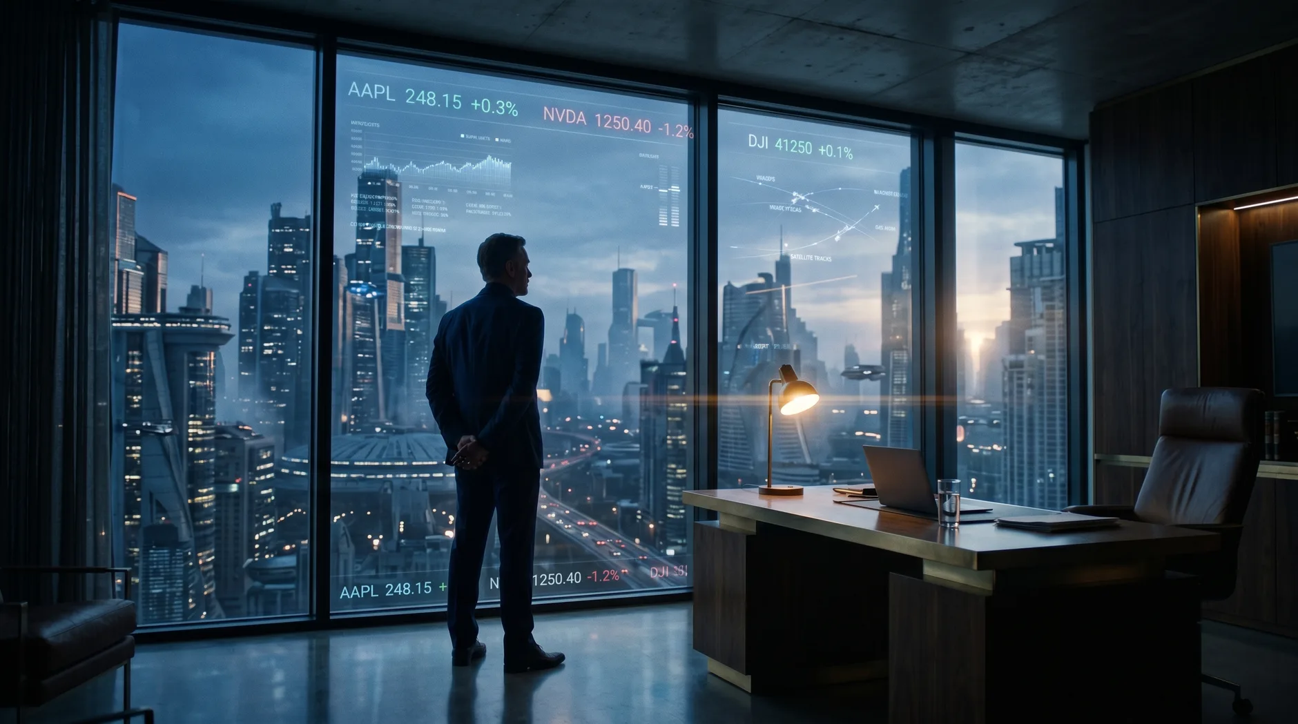 A silhouetted executive in a tailored navy suit stands looking out a floor-to-ceiling smart-glass window in a high-floor corporate office at dawn, with translucent data overlays on the glass and a futuristic megacity visible below.