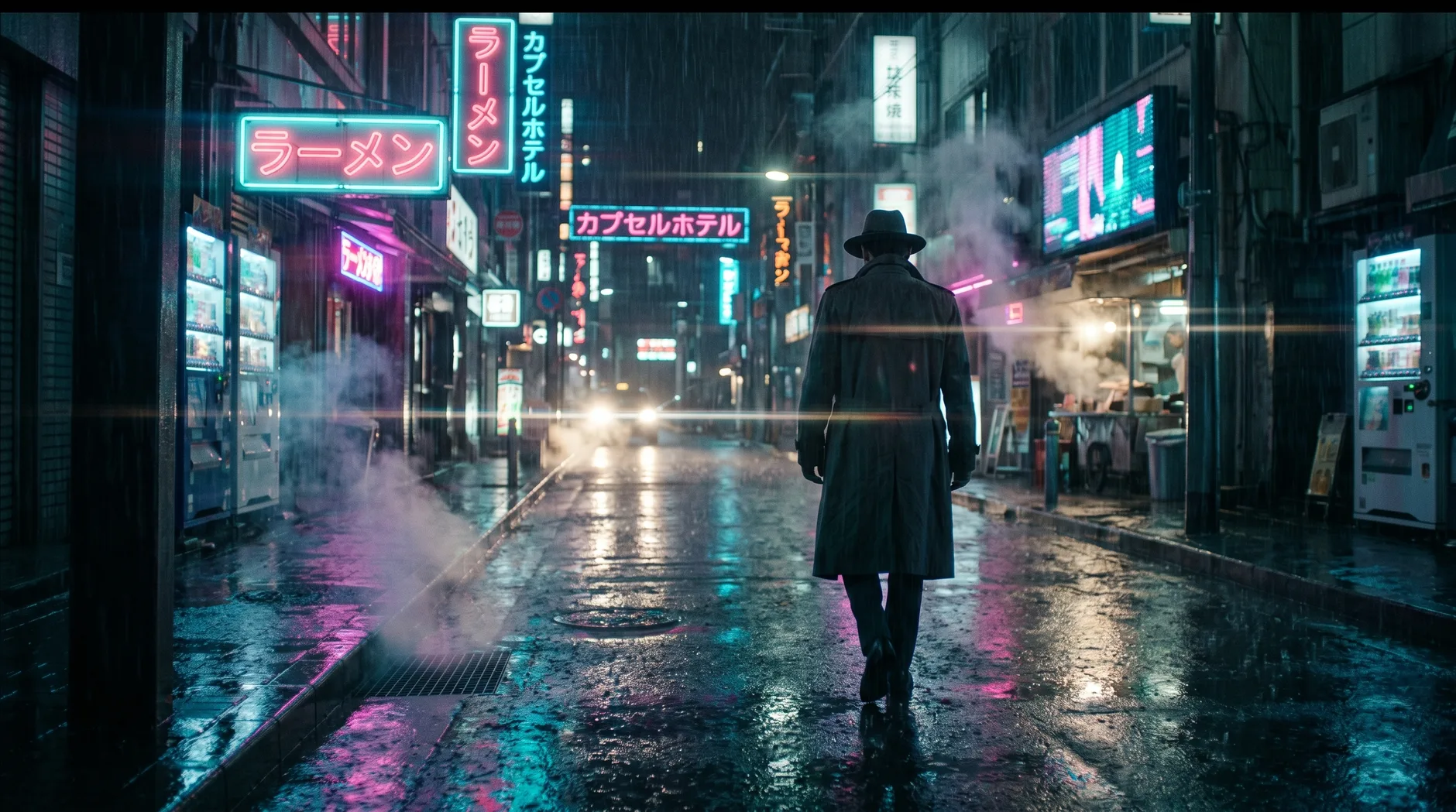 A lone figure in a long trench coat and wide-brimmed fedora walks down a rain-slicked, neon-drenched Neo-Tokyo street at night, with cyan and magenta signage reflected in puddles and steam rising from a sidewalk grate.