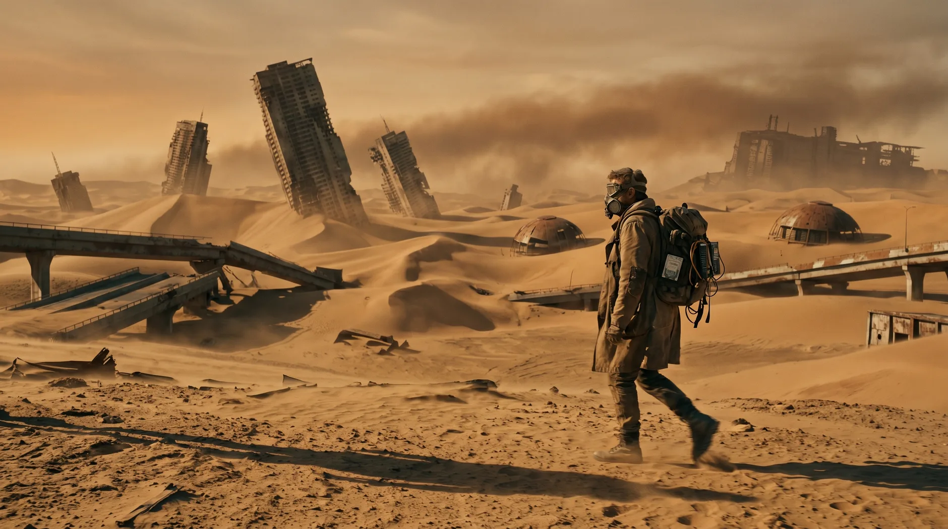 A lone scavenger in a patched canvas duster and improvised respirator walks across a vast desert plain at golden hour, surrounded by partially buried tilted skyscrapers and the silhouette of a derelict mega-structure on the horizon.