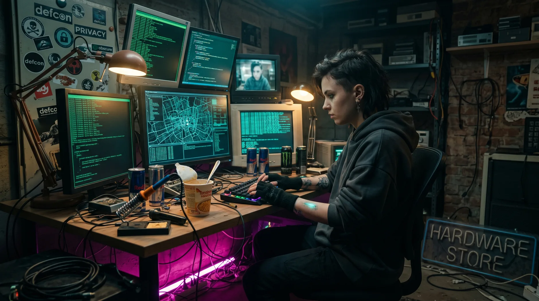 A young hacker with an undercut and oversized hoodie sits at a multi-monitor rig in a cluttered, dimly lit den, surrounded by cables, energy drink cans, and a glowing magenta LED strip under the desk.