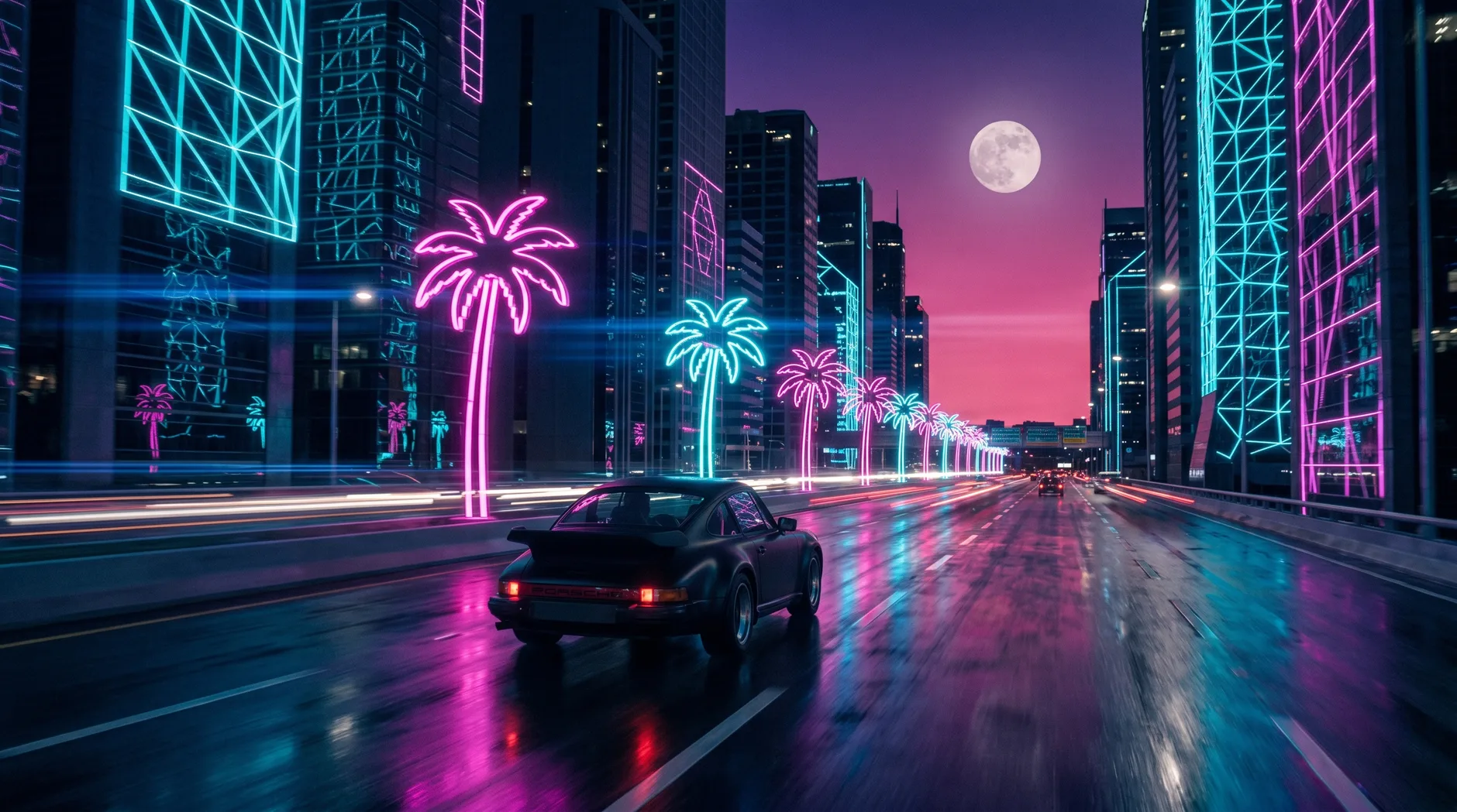 A matte black 1985 Porsche 911 speeds down a neon-lit elevated highway flanked by geometric skyscrapers and glowing pink and cyan palm trees under a purple-and-pink synthwave sky with an oversized moon.