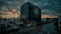 Sony Pictures studio building at dusk with a sharp red downward trend line overlaying the scene, representing the studio's flat $9.9B revenue and profit decline in fiscal 2025.