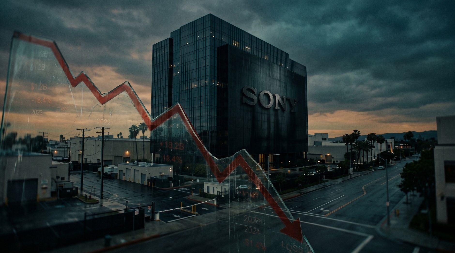 Sony Pictures studio building at dusk with a sharp red downward trend line overlaying the scene, representing the studio's flat $9.9B revenue and profit decline in fiscal 2025.