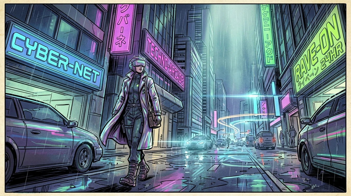 Y2K cyberpunk city street in early 2000s comic book illustration style