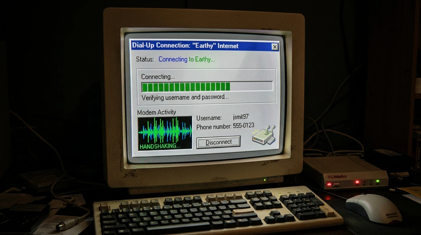 Y2K dial-up internet interface with CRT monitor glow