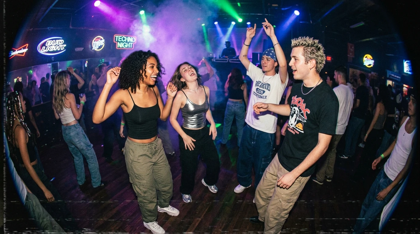 Y2K nightclub scene with fisheye lens distortion, VHS aesthetic, strobe lights