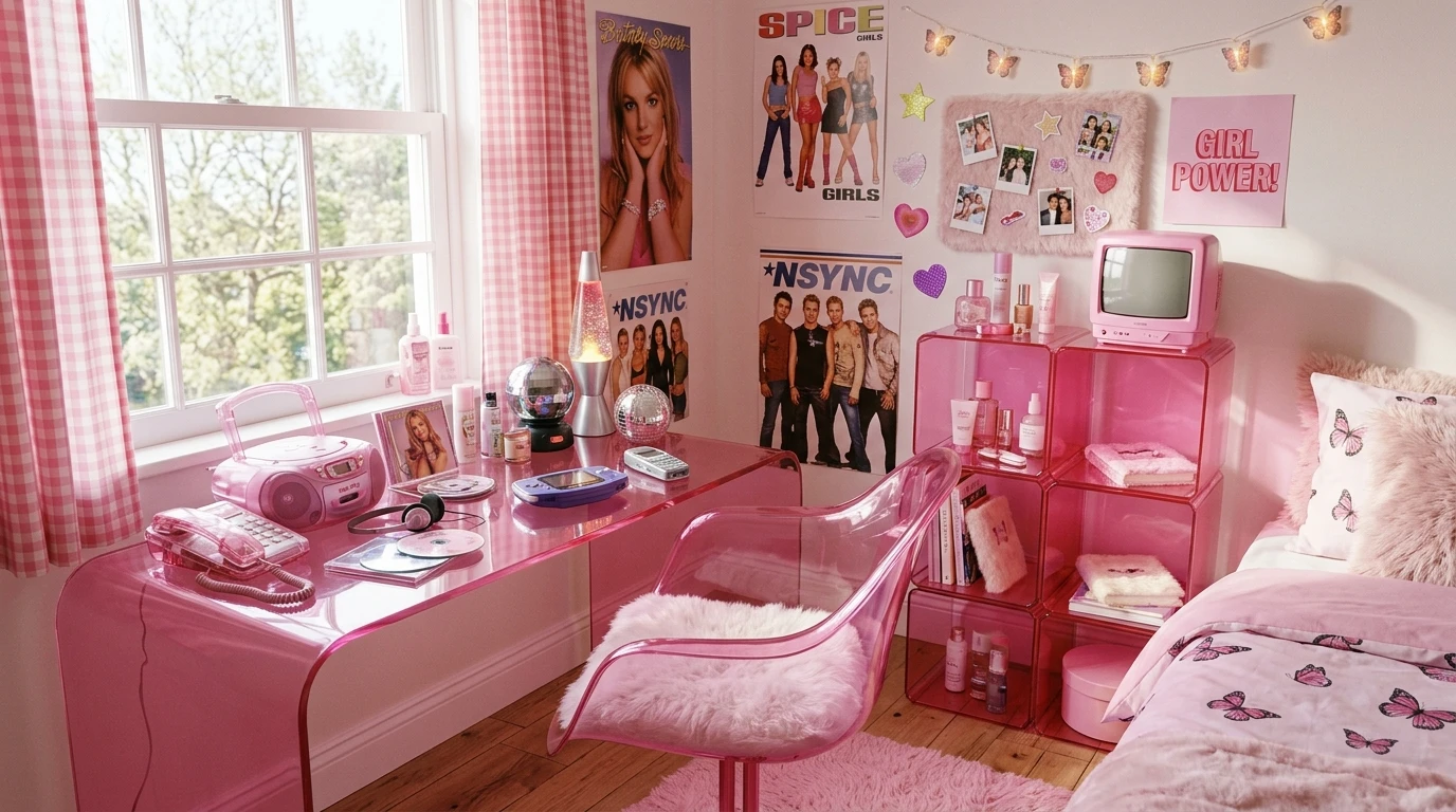 Y2K bubblegum pink translucent plastic bedroom with retro tech gadgets