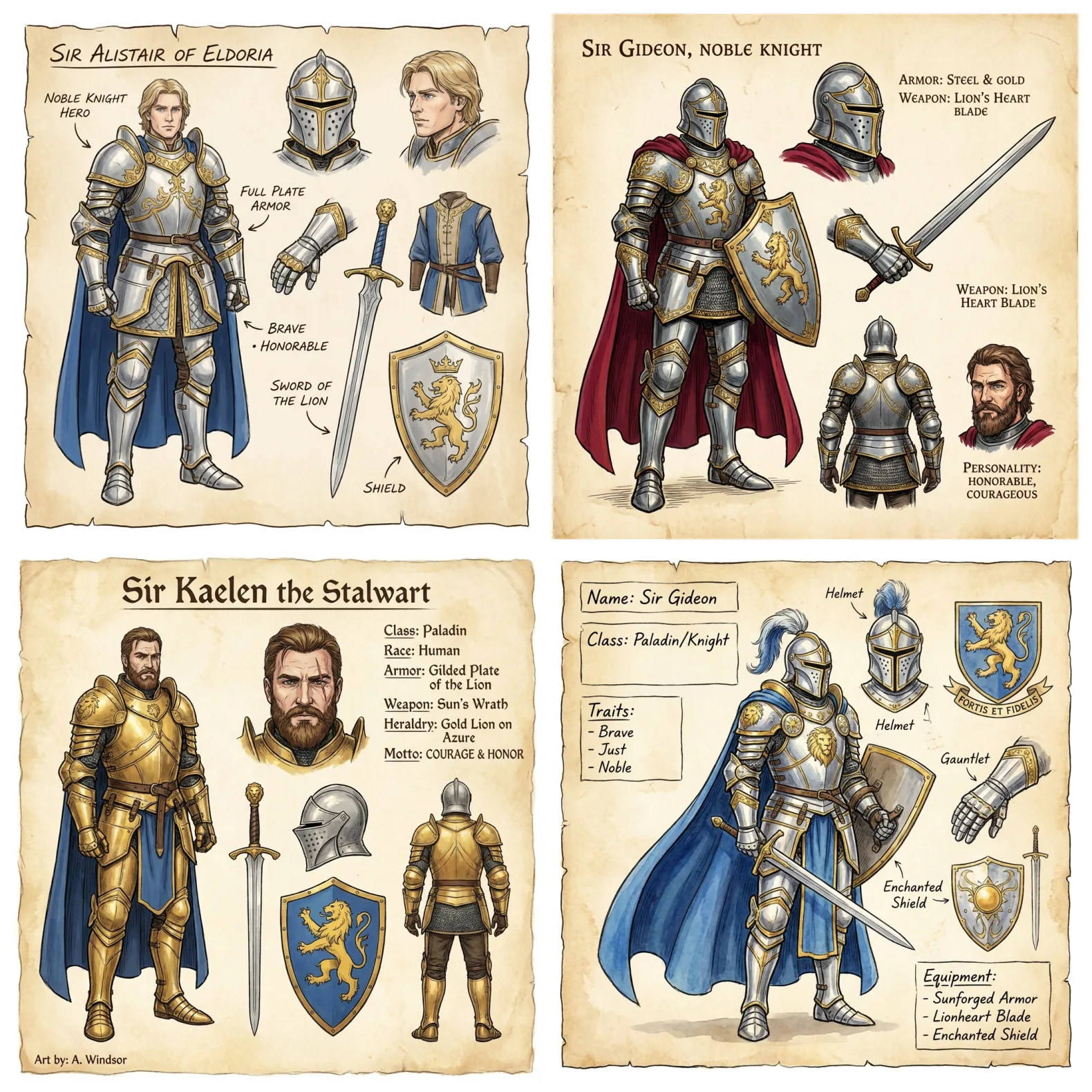 The same one-line prompt run four times, producing four different unrelated knights