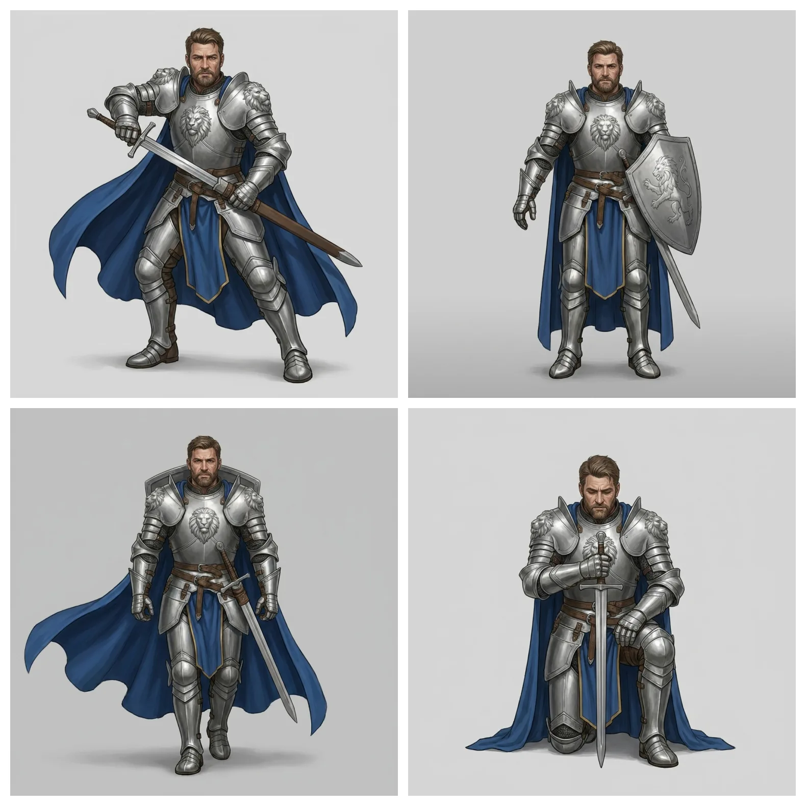 The same specced prompt producing the same knight across four different poses