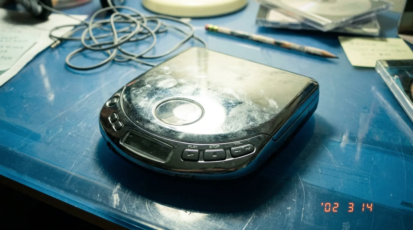 Y2k Style: Your 5 Essential Pieces 13 A chrome-finished portable CD player on a translucent blue desk, y2k style (AI Render Pro)