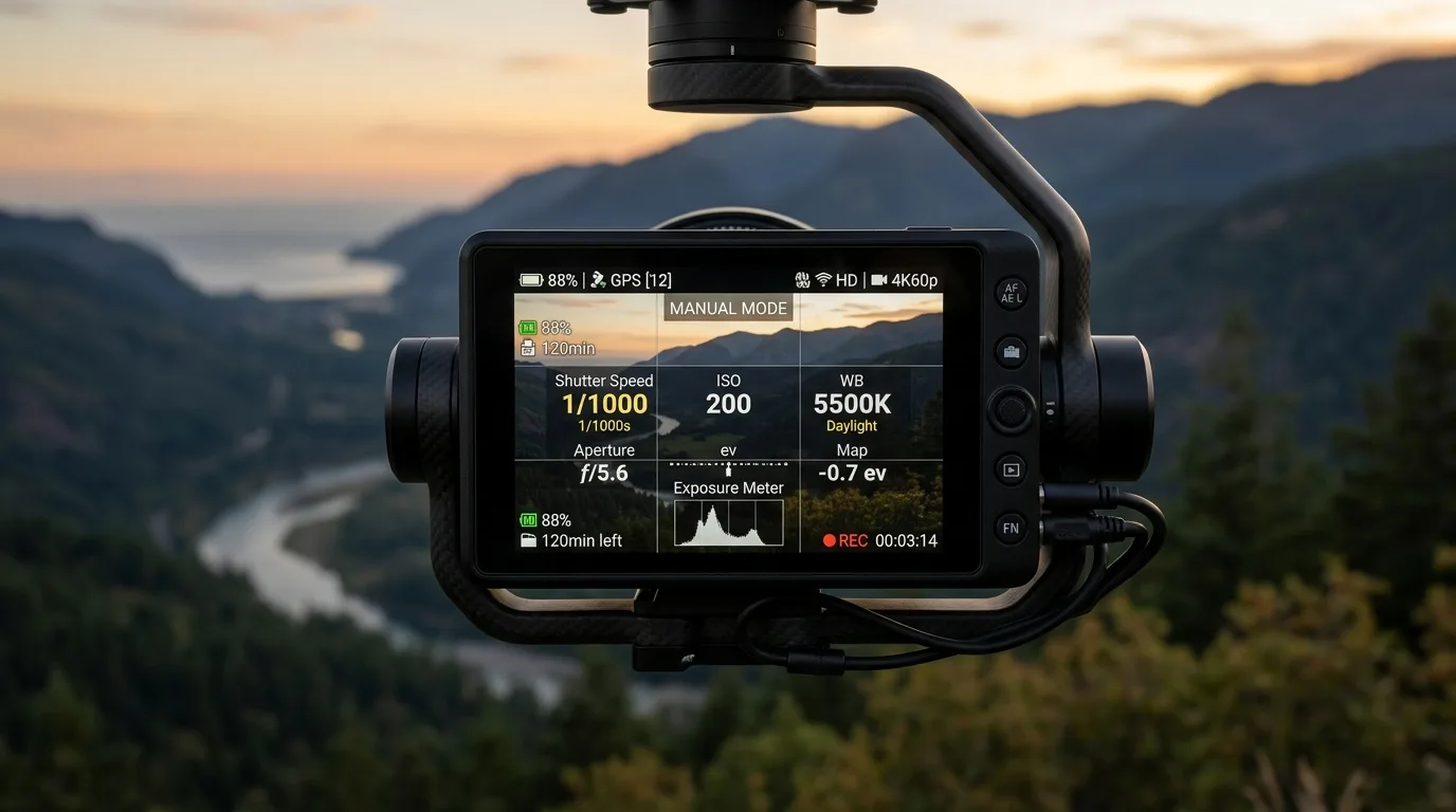 A close-up of a professional drones camera display, clearly showing, drone cinematography (AI Render Pro)