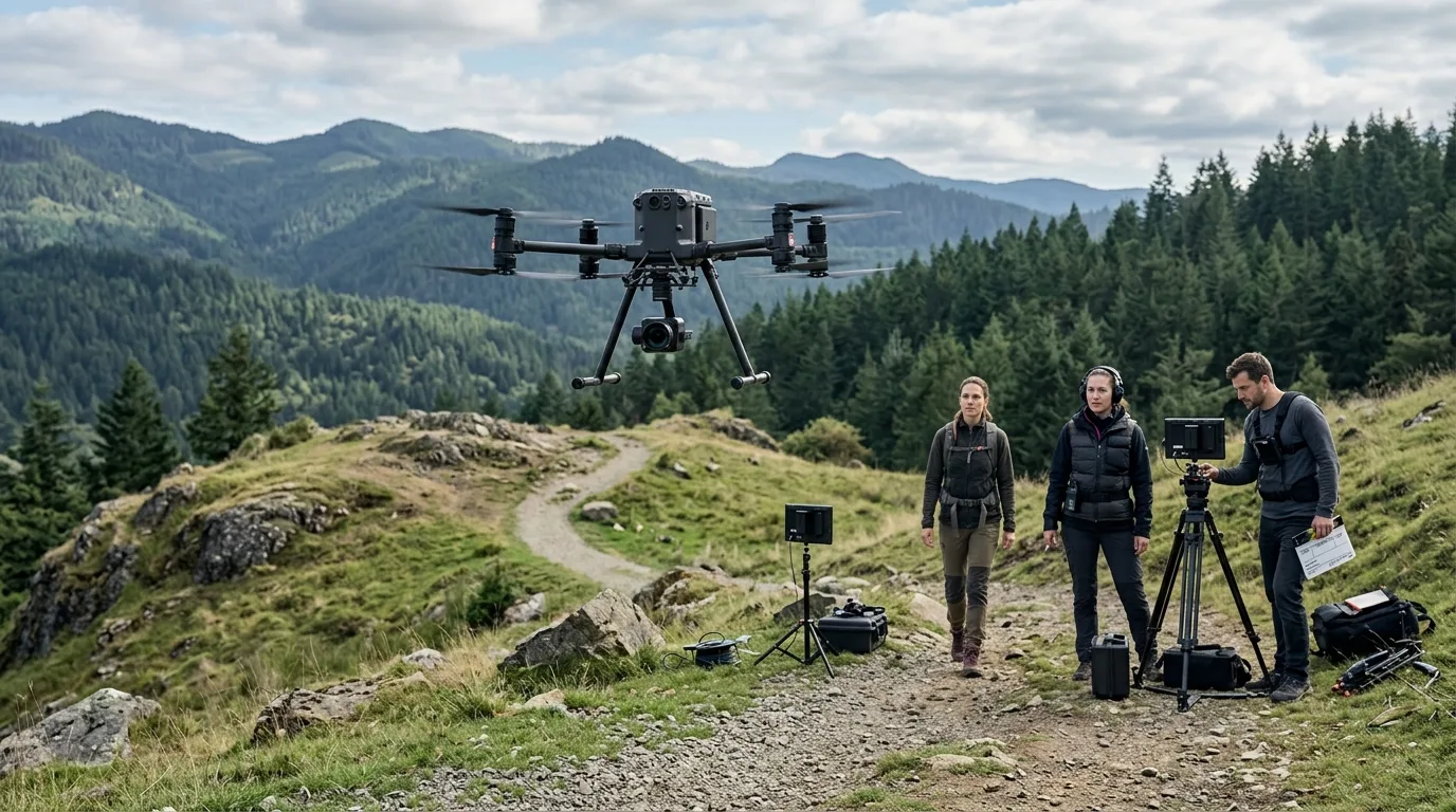 A drone performing a low-speed rehearsal flight over a designated, drone cinematography (AI Render Pro)
