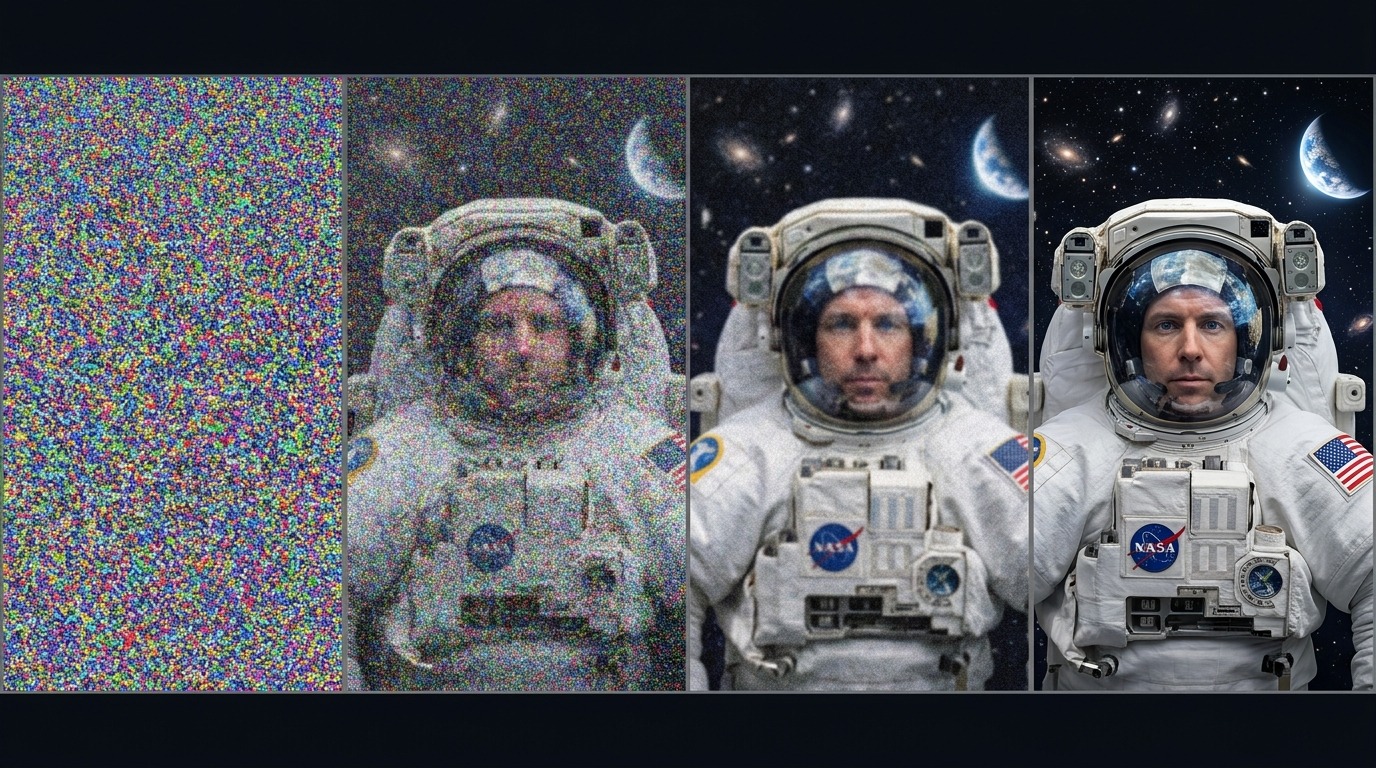 AI art diffusion model denoising progression from pure noise to a finished portrait