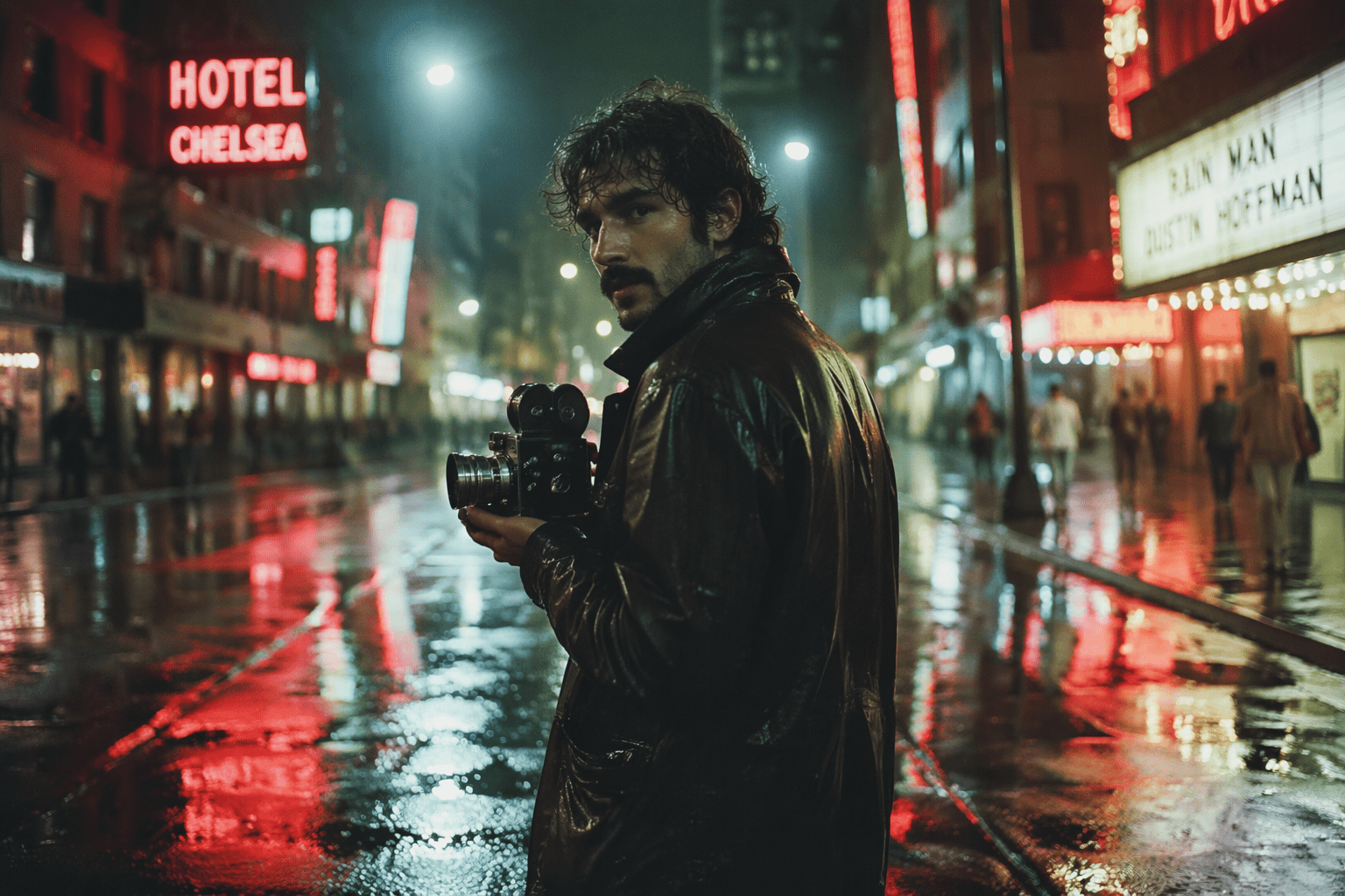 AI art generated with GPT Image 2, OpenAI DALL-E lineage, a filmmaker on a neon-lit street at night