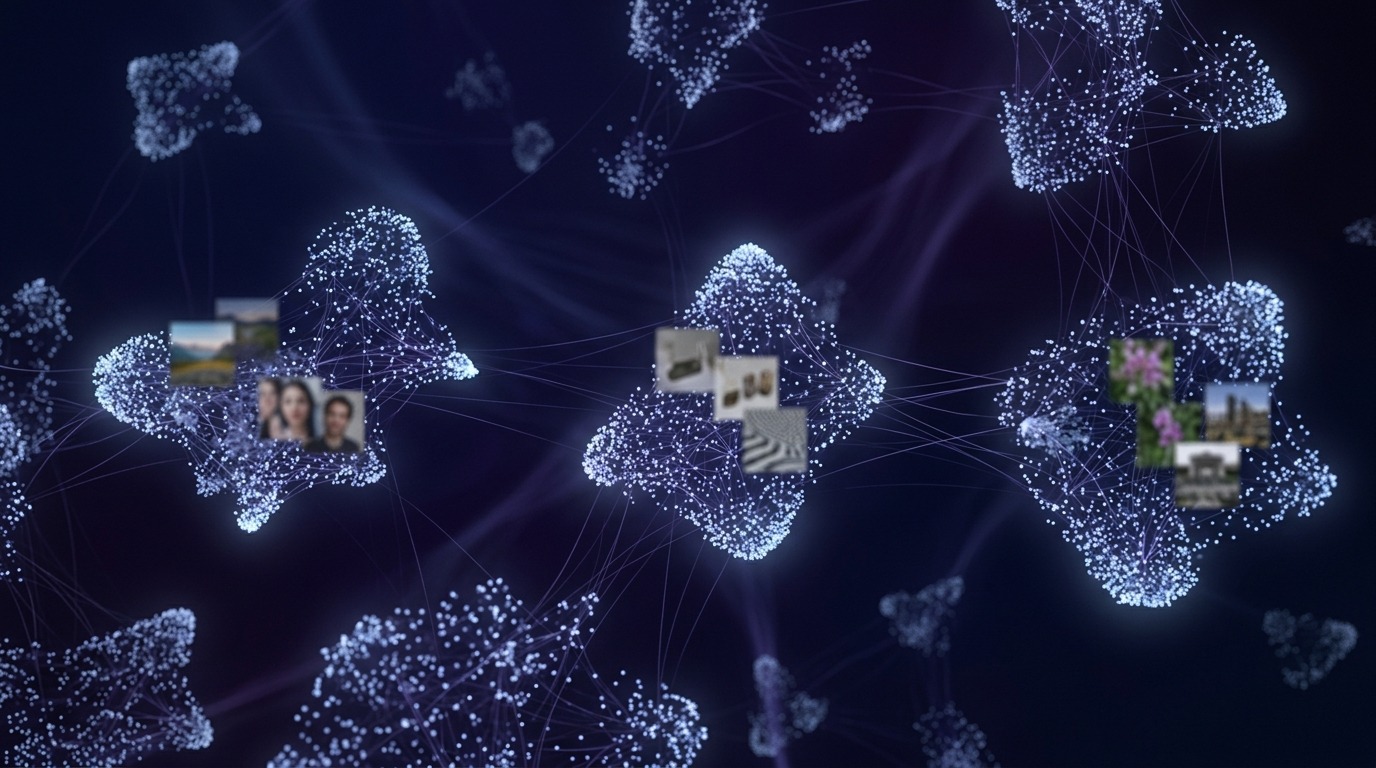 AI art latent space visualization, glowing clusters of related images in 3D space