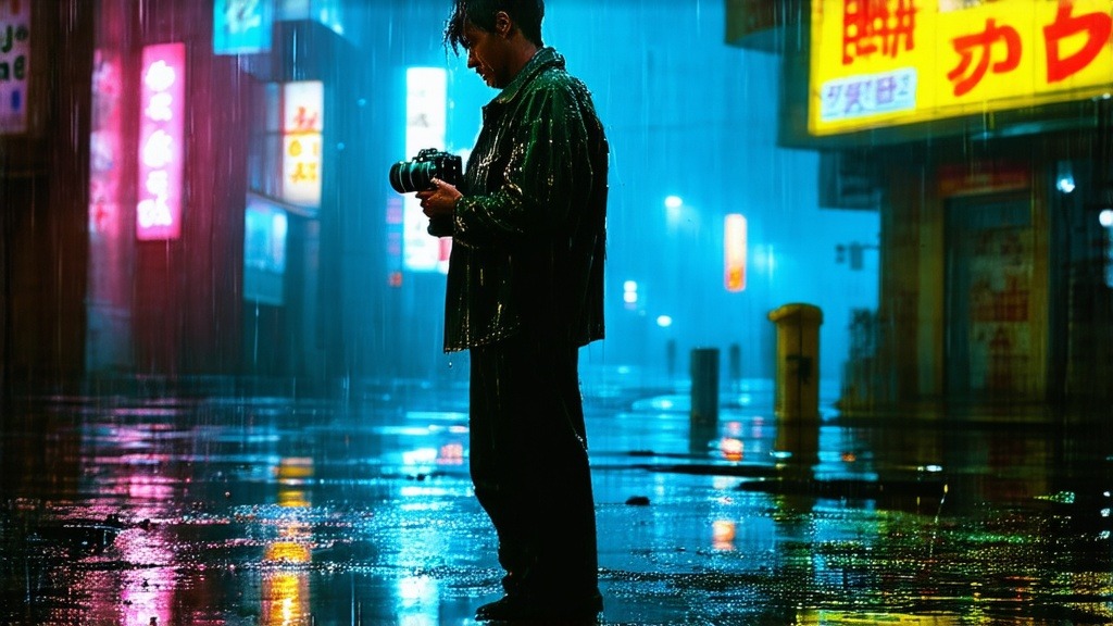 AI art generated with Stable Diffusion 3.5 Large, a filmmaker on a neon-lit street at night