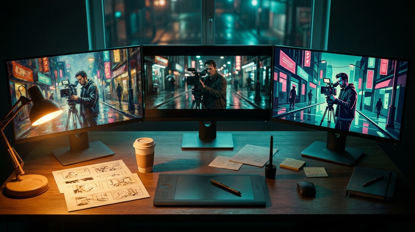 AI art tools compared, three screens showing the same subject rendered by different AI image models