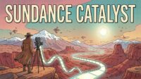 Sundance Catalyst - Moebius style illustrated cover, a filmmaker overlooking a desert mountain valley with a film strip river of light