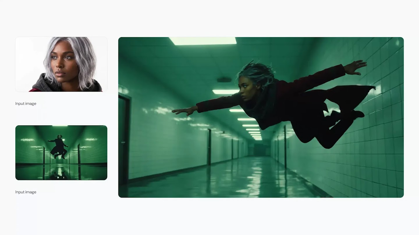 Veo 3.1 Ingredients to Video example, a figure leaping in a corridor generated from reference images