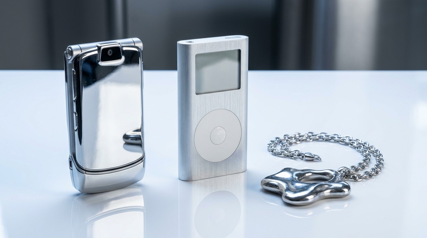 Y2k Style: Your 5 Essential Pieces 9 Chrome and brushed-metal Y2K objects on a glossy white surface, generated with AI Render Pro
