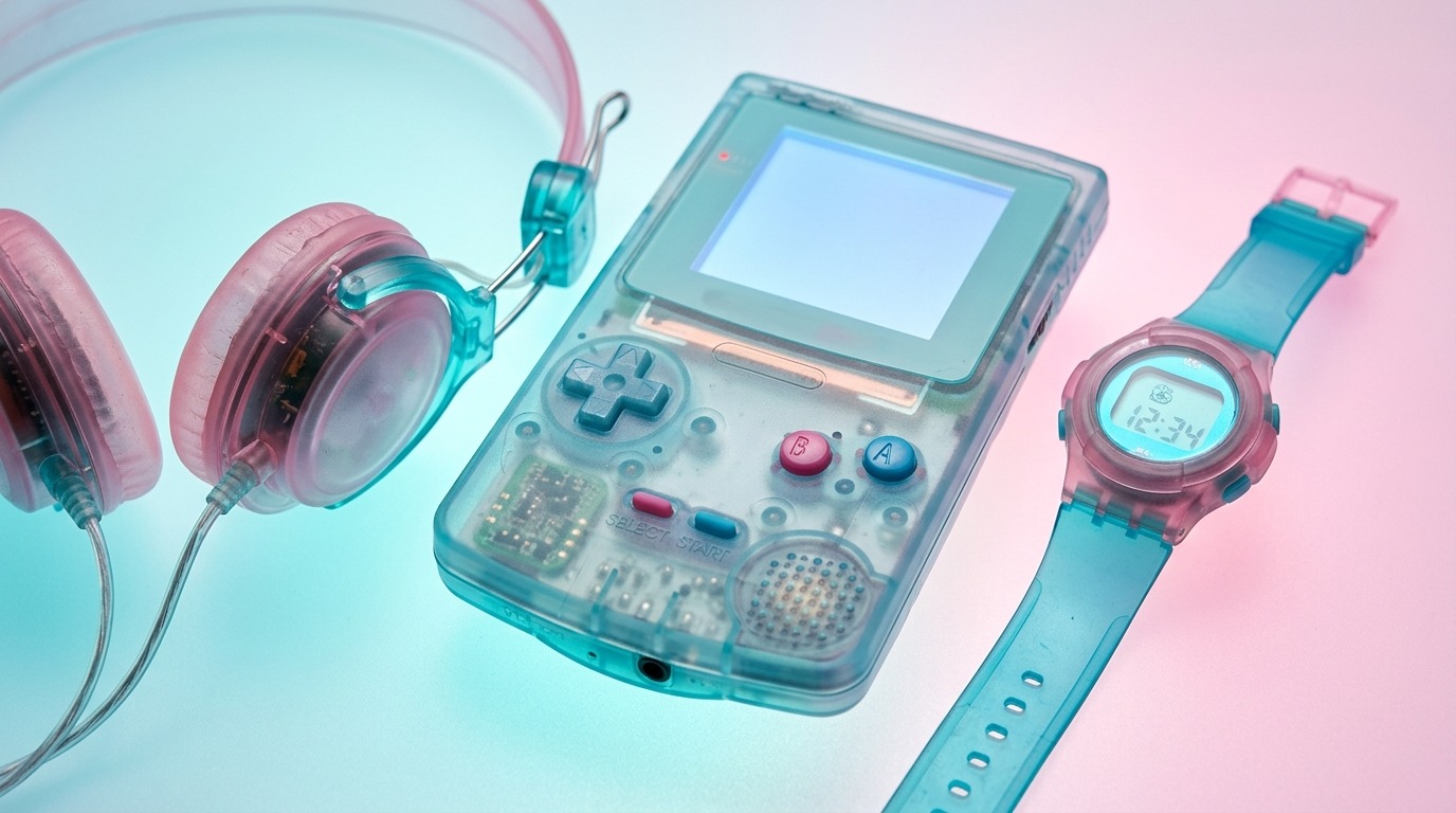 Y2k Style: Your 5 Essential Pieces 11 Translucent frosted-plastic Y2K gadgets in ice blue and pink, generated with AI Render Pro