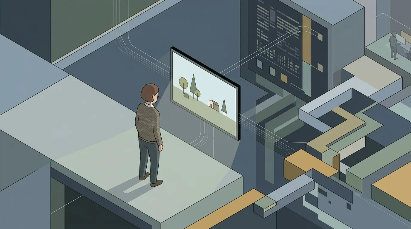 Budget AI Movies: Hidden Costs 13 A conceptual image of a filmmaker looking at a seemingly, ai movies (AI Render Pro)