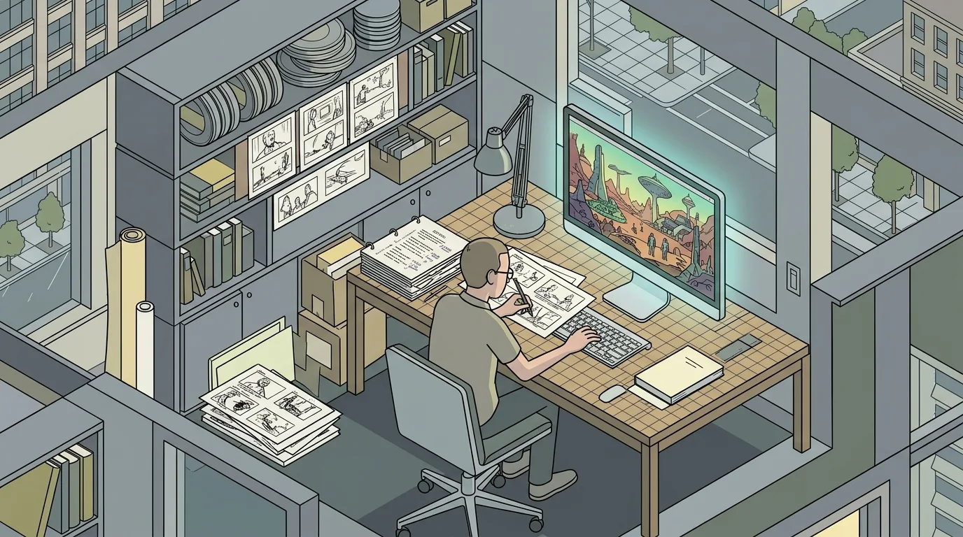Budget AI Movies: Hidden Costs 11 An image depicting a filmmaker at a desk, surrounded by, ai movies (AI Render Pro)