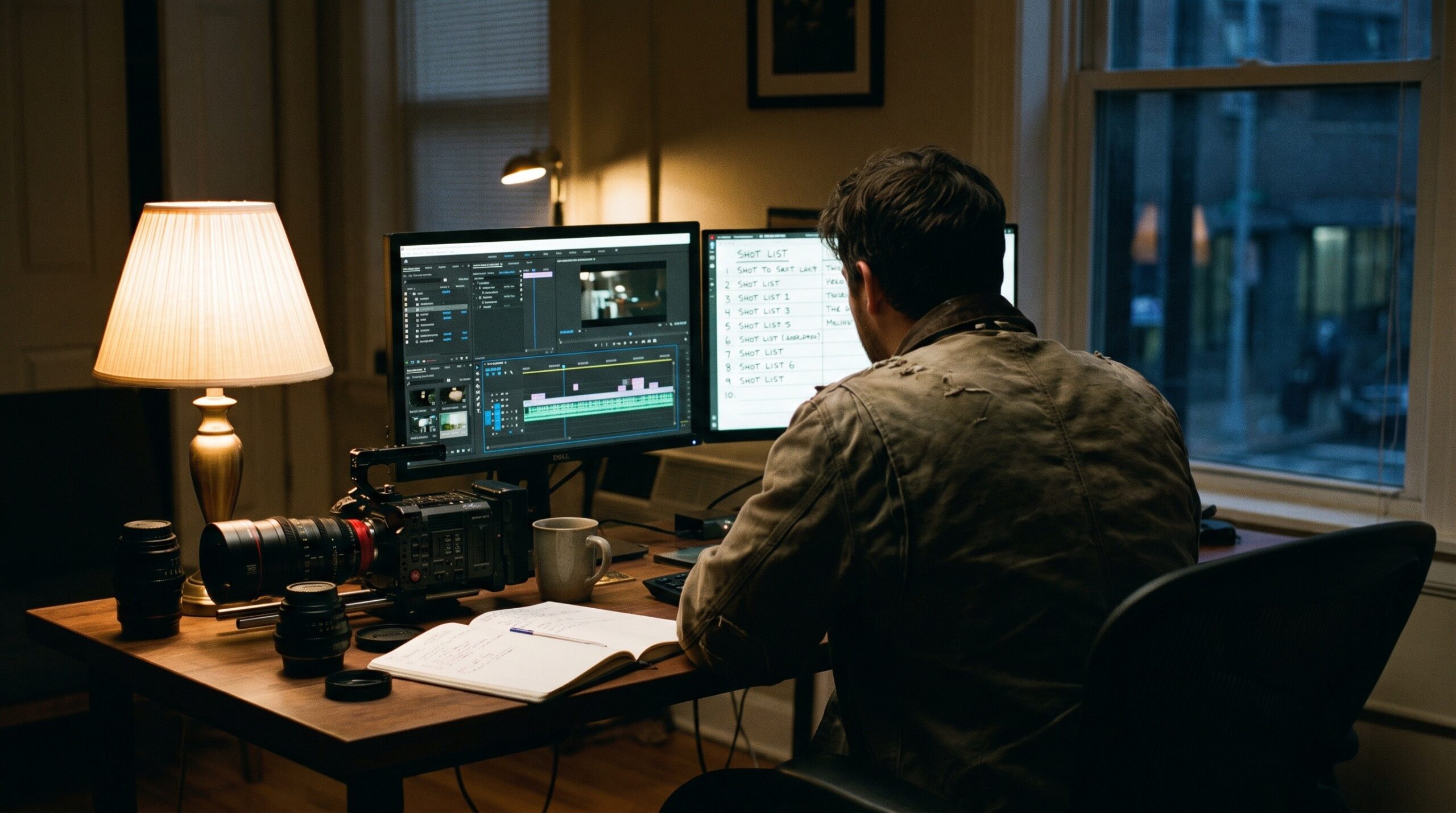 A filmmaker workspace with editing timeline and camera gear