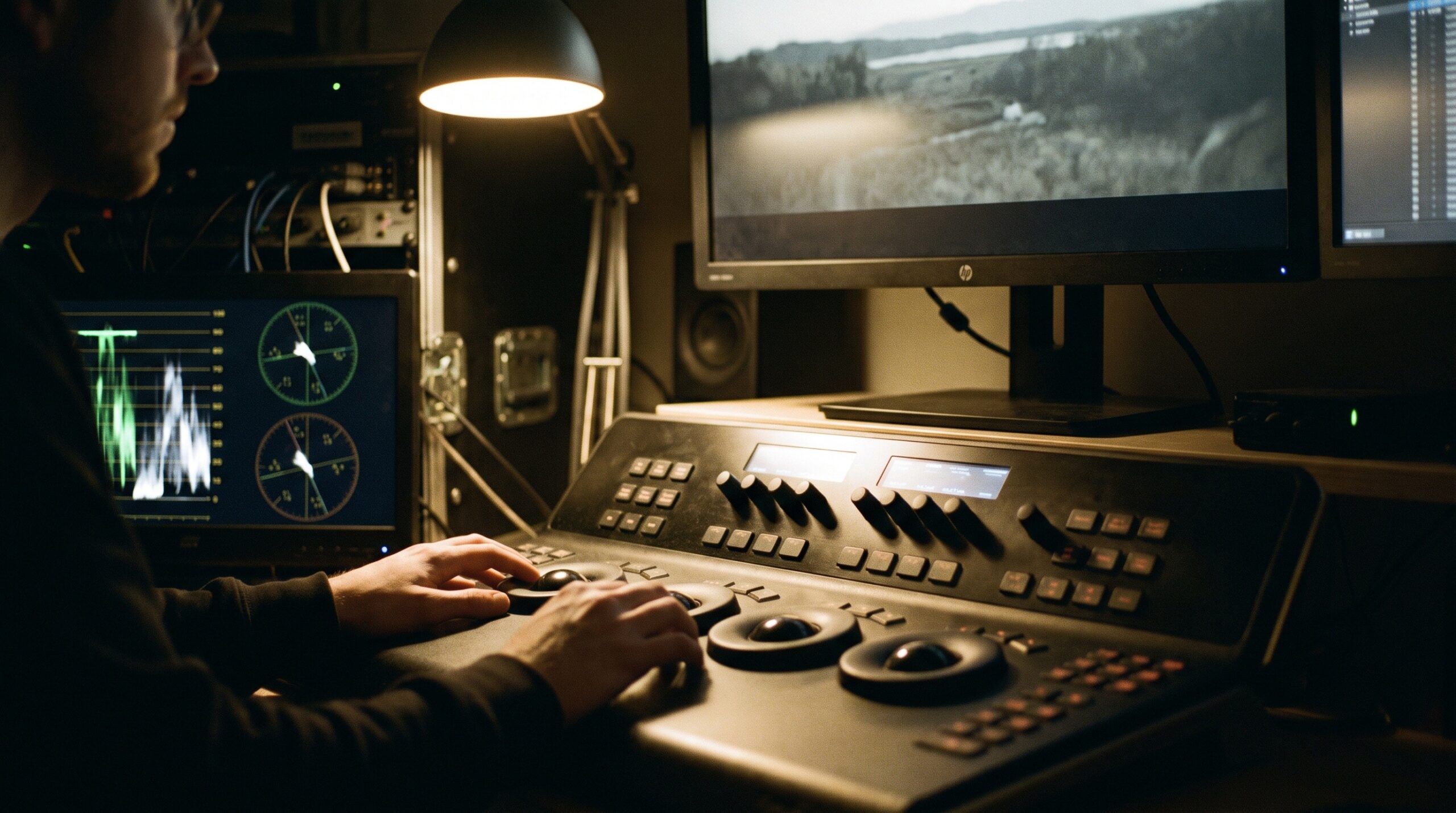 A colourist grading a shot on an illuminated control surface