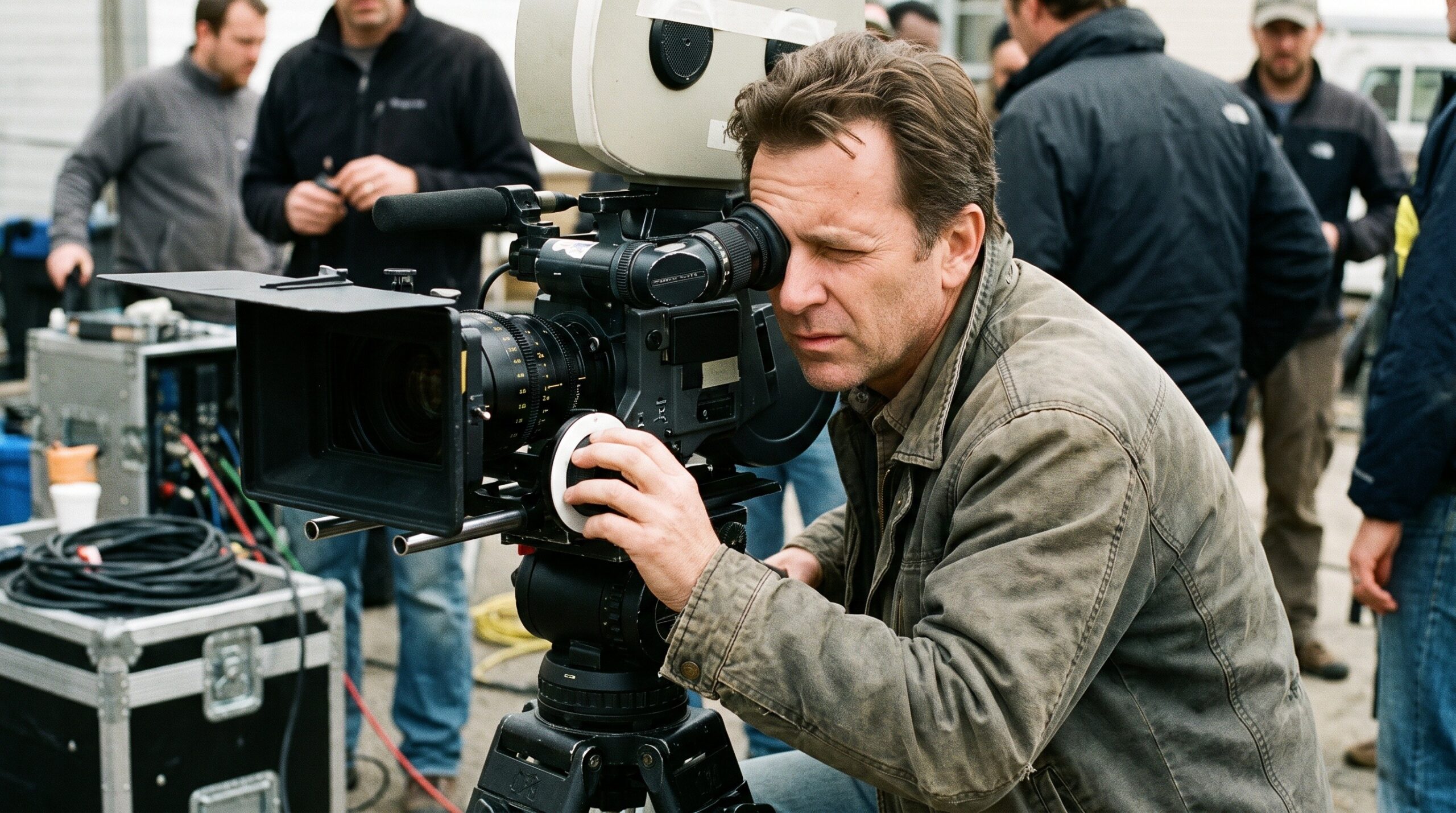A director looking through a cinema camera eyepiece on set