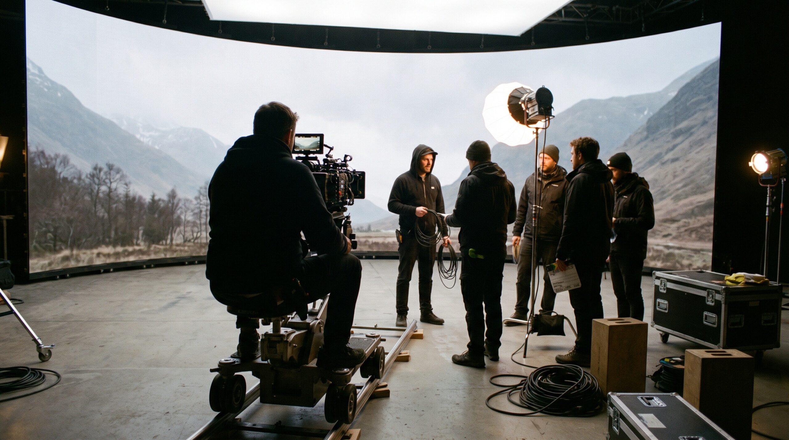 A film set with an LED volume wall and a small crew, the hybrid soundstage Grok describes