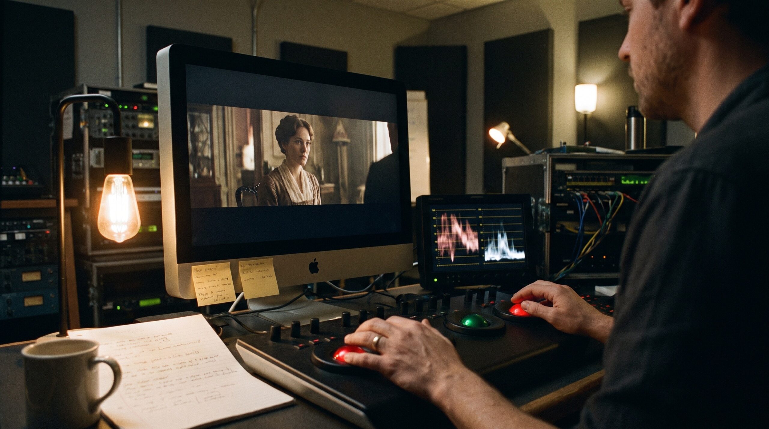 A colourist grading a shot in a post production suite