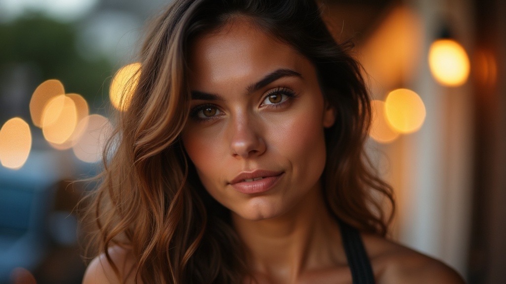 Flux AI portrait shot on a simulated 85mm f/1.4 lens with compressed bokeh